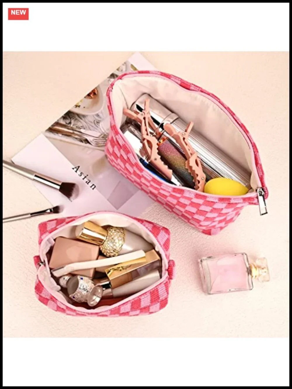 Checkered Canvas Cosmetic Bag Set - 2 Pack Travel Makeup Organizer Waterproof